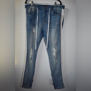 Fashion Nova Slim Light Blue Distressed Jeans with White Side Stripes